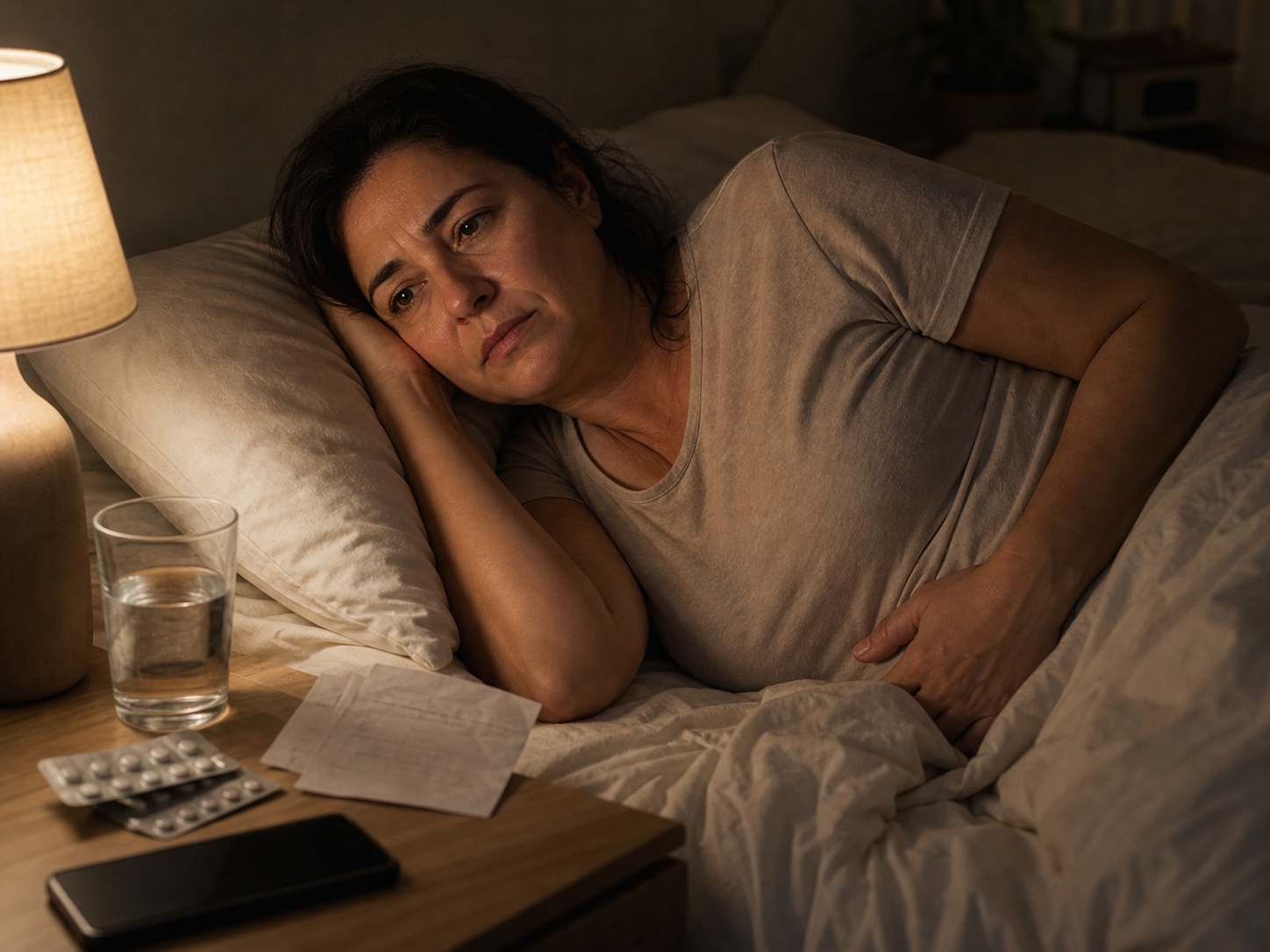 Mulher acordada à noite na cama, mão na barriga, com cartela de remédios e prescrição na mesa de cabeceira